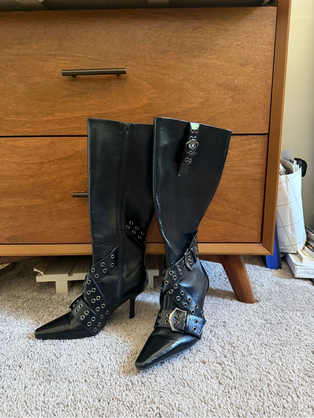 Asos Black Mid-Calf Pointed Toe Heeled Boots with Buckle Straps size37 like new